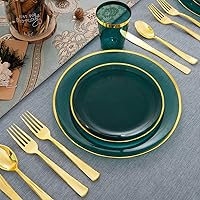 Vista 6 de LIYH - 180 platos navideños de plástico transparente y verde dorado, juego de vajilla de plástico desechable verde esmeralda, incluye platos