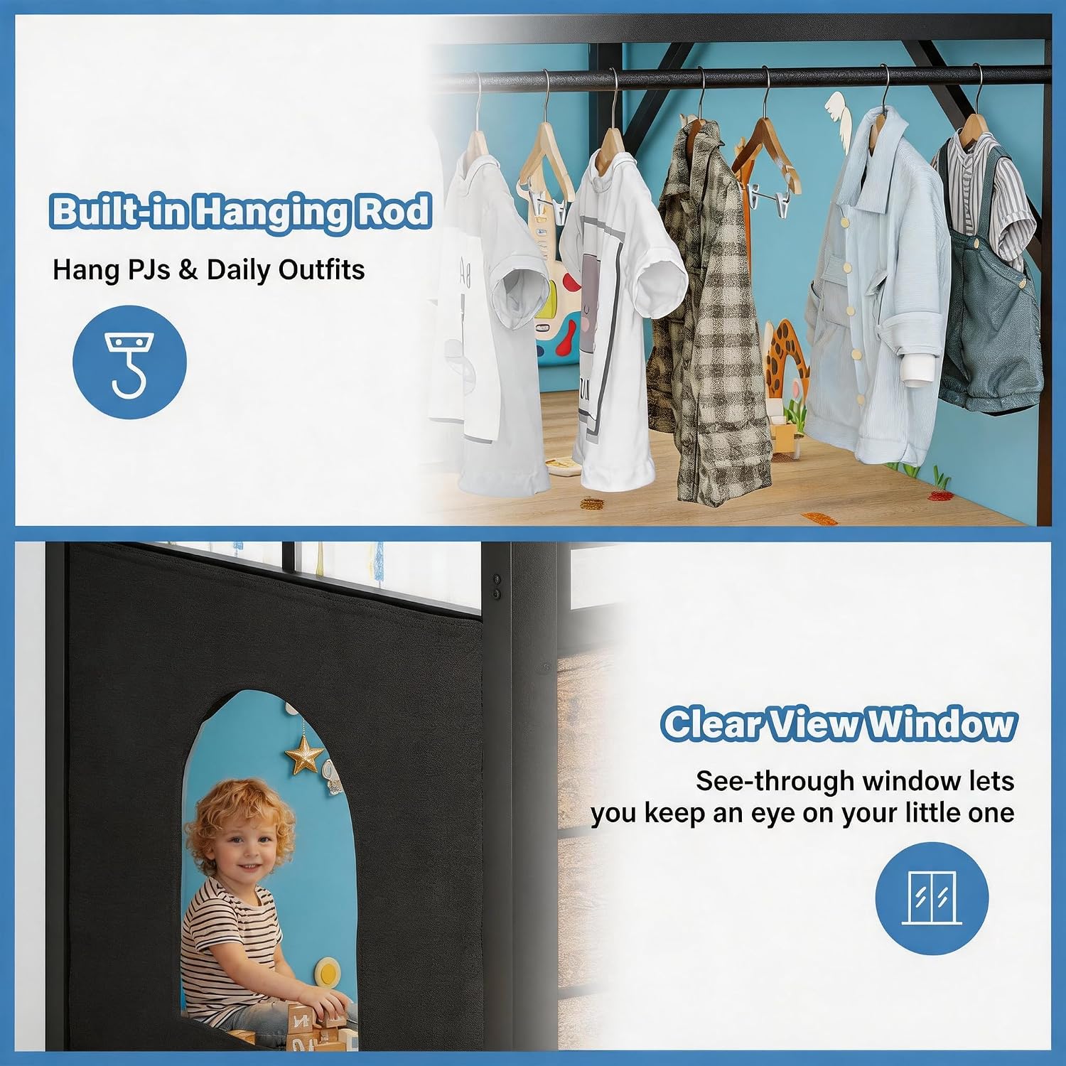 Image showing a built-in hanging rod for clothes and a clear view window in the play curtain, allowing for parental supervision.