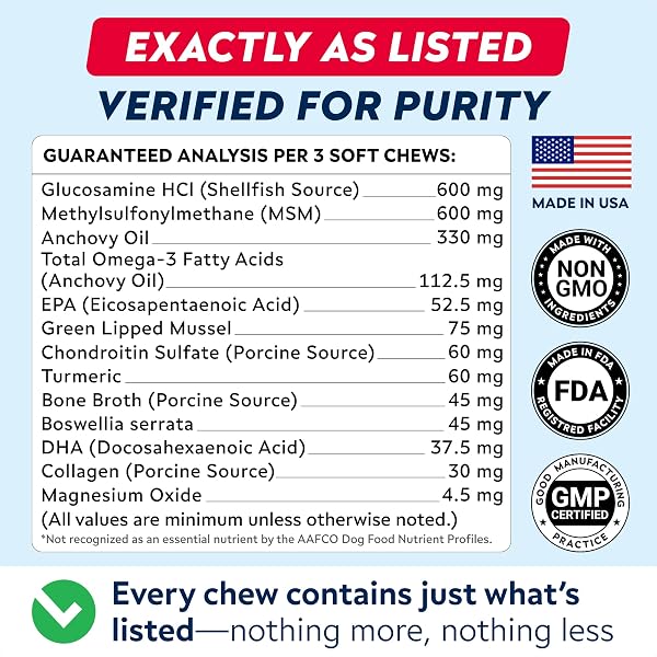 Advanced Glucosamine for Dogs w/Chondroitin, Collagen & Green Lipped Mussel - Max Strength Hip and Joint Supplement for Dogs - Joint Pain Relief - Large & Small Breed - Bacon - 120Ct Advanced w/Collagen&Mussels - Bacon 120 Treats - 5