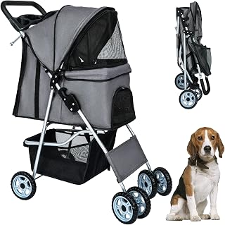 BestPet | 4-Wheel Foldable Pet Stroller | Grey | Lightweight & Portable | Travel Carrier with Mesh Windows, Storage Basket, Cup Holder, Safety Brakes, and Waterproof Fabric | For Small Dogs and Cats