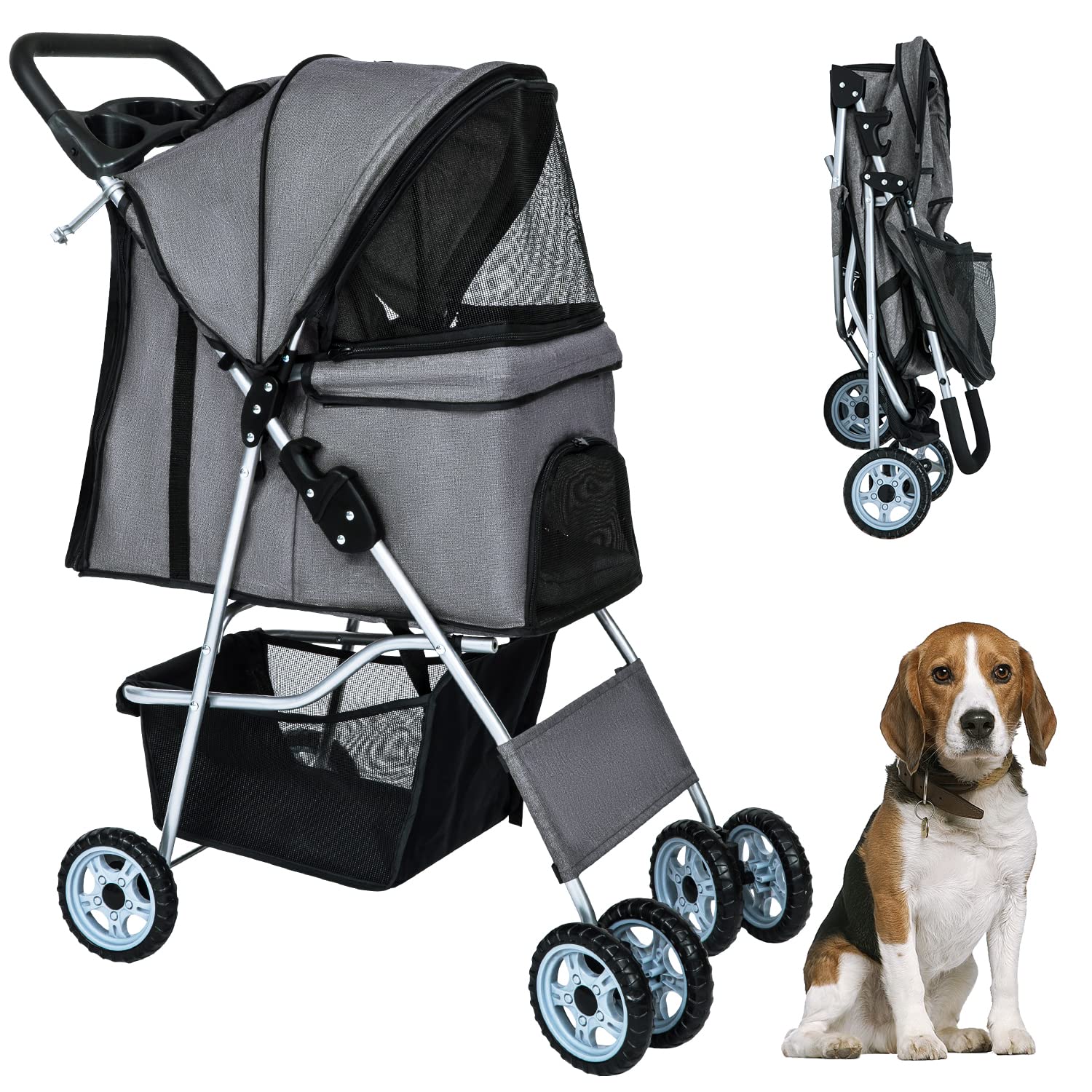 BestPet 4Wheels Pet Dog Stroller for Folding Lightweight Cat Travel Stroller with Cup Holder,Grey