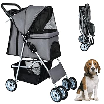 BestPet | 4-Wheel Foldable Pet Stroller | Grey | Lightweight & Portable