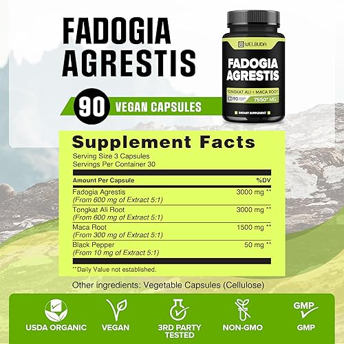 Miniatura 2 de WELBUDA 4 en 1 Fadogia Agrestis Suplemento 7550mg  90 cápsulas  Extra fuerte con Tongkat Ali, raíz de maca y pimienta negra  Apoyo para la