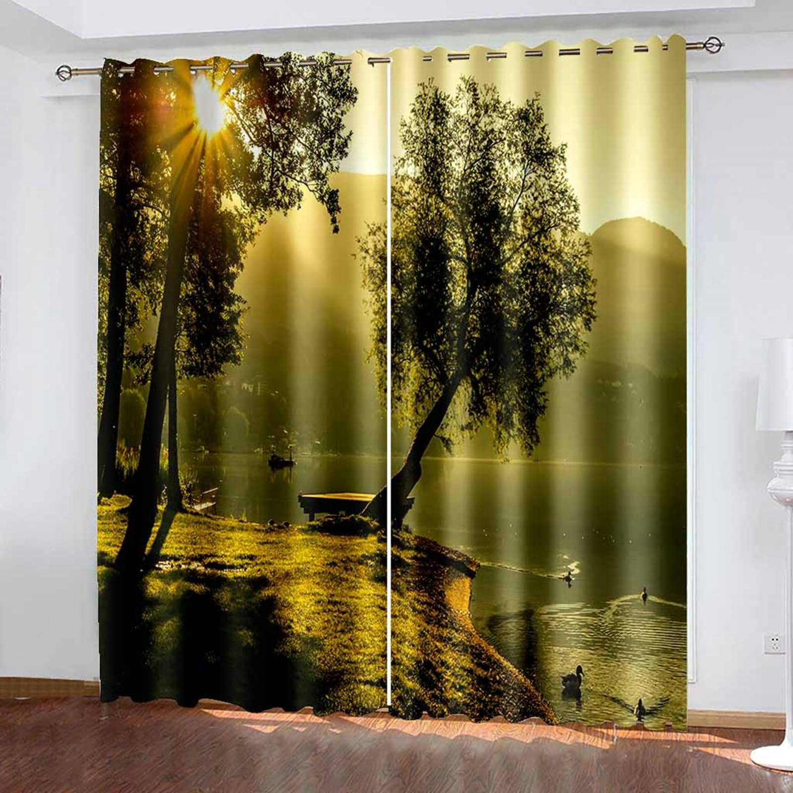 Gualiy Vorhänge Ösen 2er Set, Vorhang 132x160cm Baum See Landschaft Blickdicht Vorhang