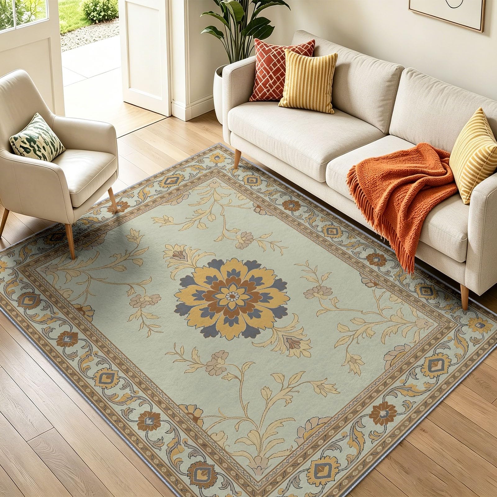 Piante E Fiori Arte Tappeto Soggiorno 140 x 200 cm Camera Da Letto Lavabile in Lavatrice Antiscivolo Grandi Fiori & Motivo Simmetrico Tradizionale Carpet Ufficio Sala da Pranzo Morbido Pelo Ras Rug