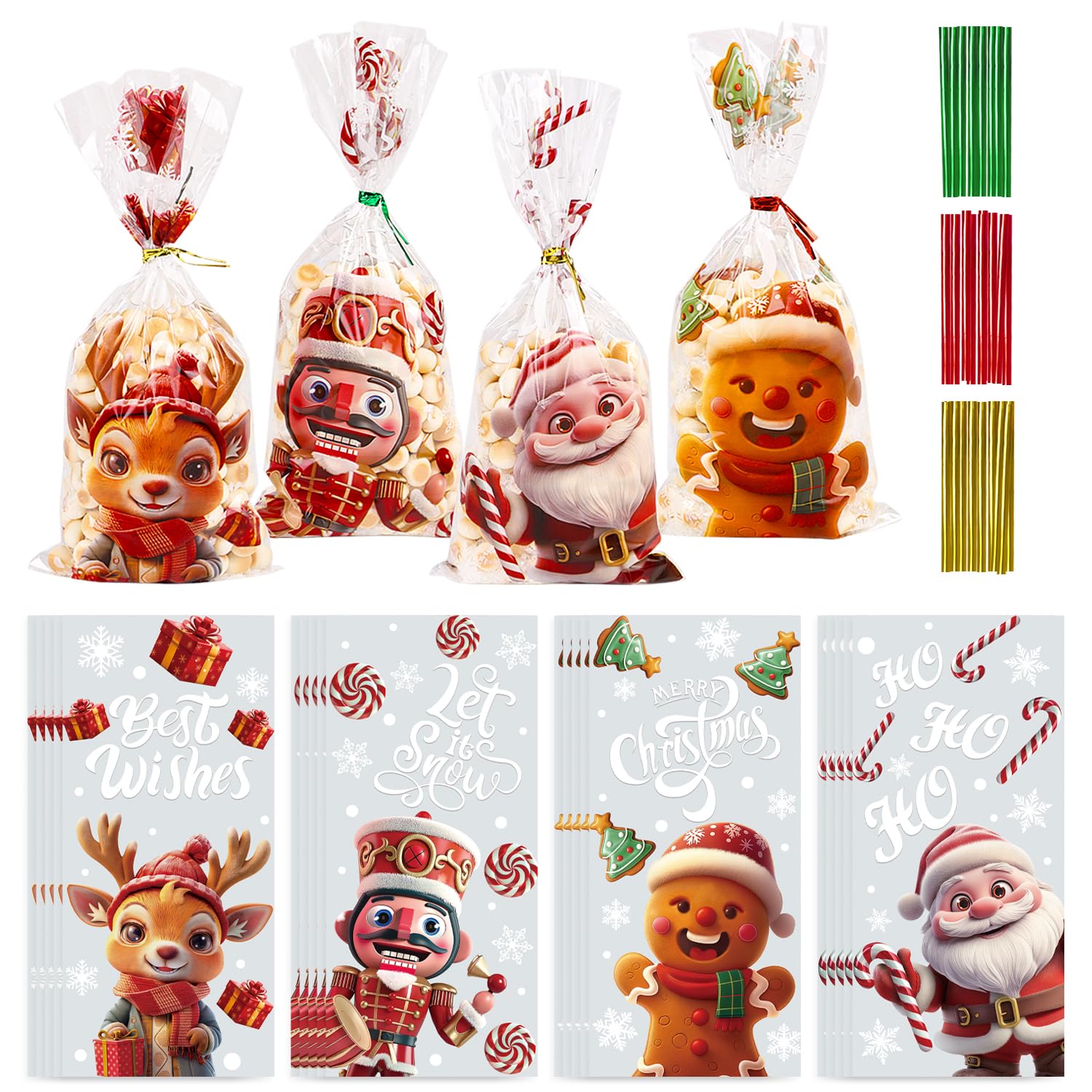 SULOLI 120 Pcs Christmas Cellophane Bags, Xmas Candy Bags Clear Cellophane Treat Bags with 150 Twist Ties for Christmas Party Supply