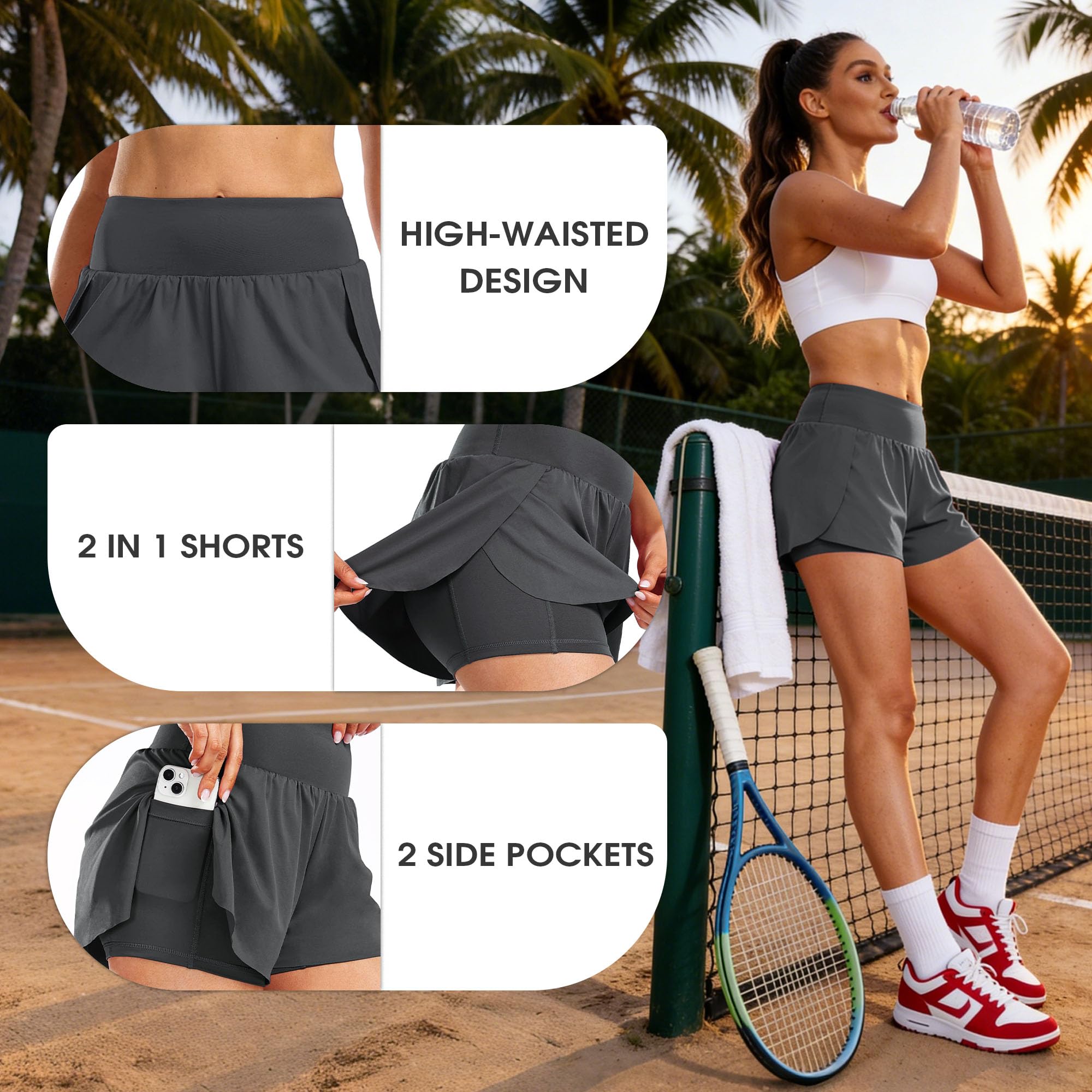 Cadmus 2 in 1 Women's Workout Shorts for Athletic Gym Running Shorts with Phone Pockets