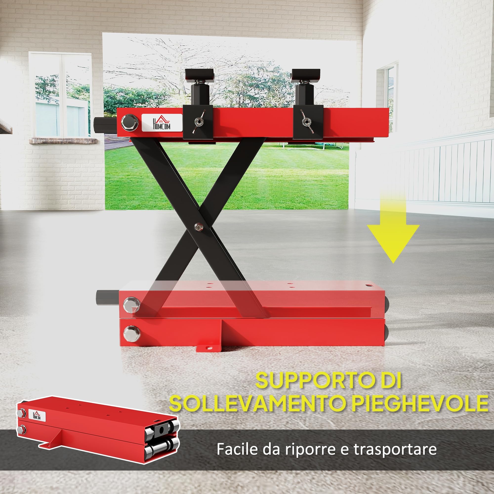 HOMCOM Sollevatore Moto in Acciaio Max 500kg, Cavalletto Alzamoto Pieghevole con Altezza Regolabile 9.5-40 cm e Manovella, Piattaforma da 45x15 cm, Rosso