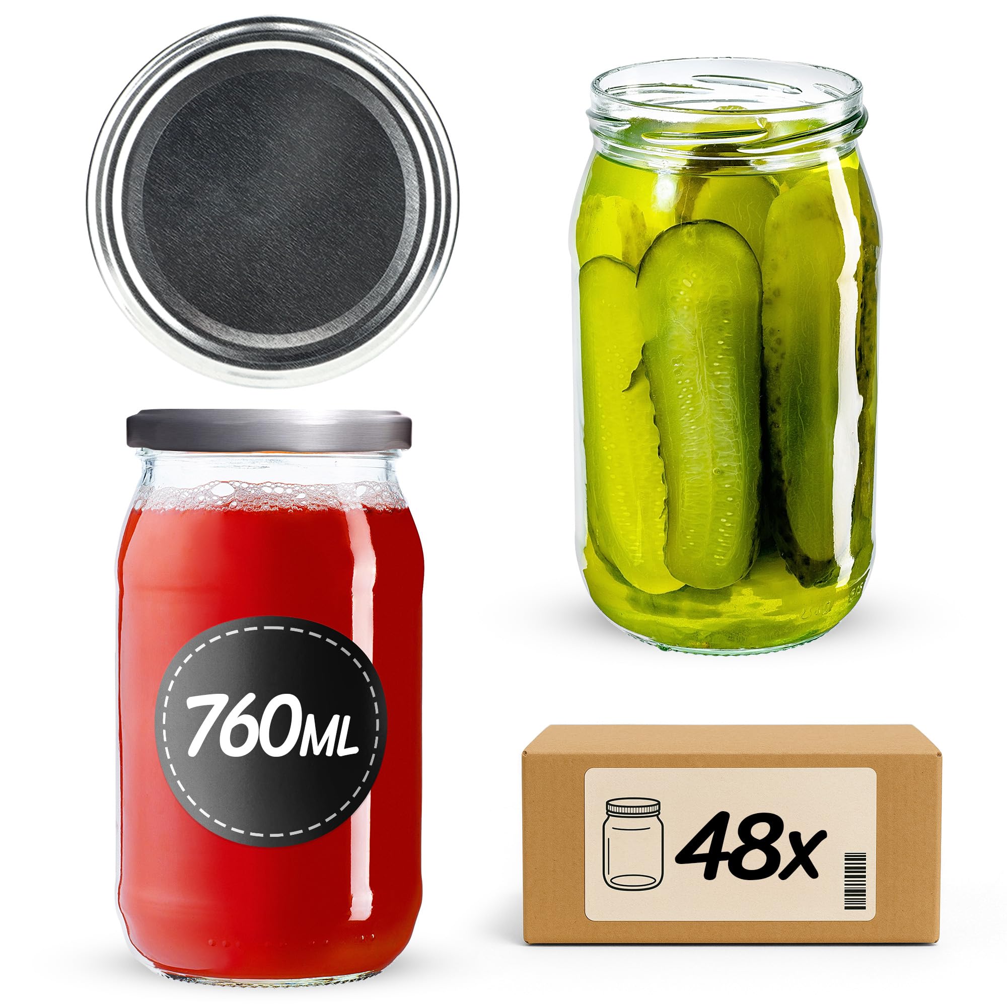 KADAX 48 tarros de conservas de 760 ml con tapa de rosca fi82 mm para conservas, conservas y preparación de comidas, herméticos Twist-off (plata, 48 unidades)