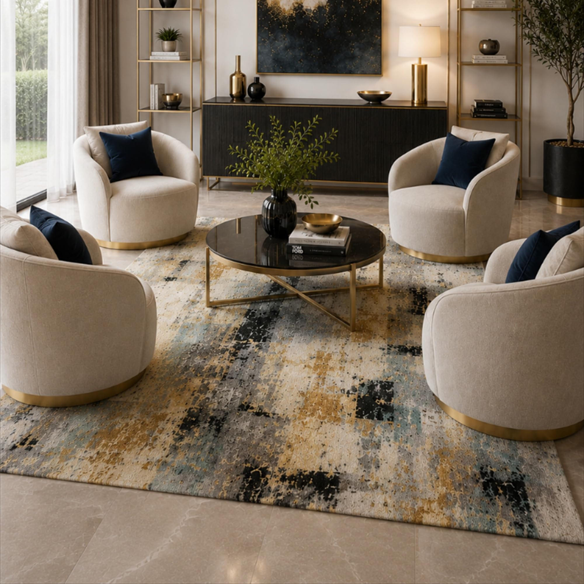 Tappeto Salotto Moderno Astratto Beige, Grigio, Oro e Nero, Lavabile in Lavatrice e Antiscivolo TPR, Pelo Corto Morbido per Soggiorno e Camera da Letto (200 x 300 cm)