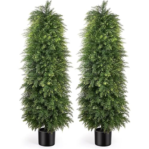 2 Pack 5ft Artificial Cedar Topiary Trees, Outdoor Artificial Plants for Front Porch Décor, Artificial Shrubs Fake Plants Uv Rated Potted Plants for Outdoor, Indoor, Front Door, Office.