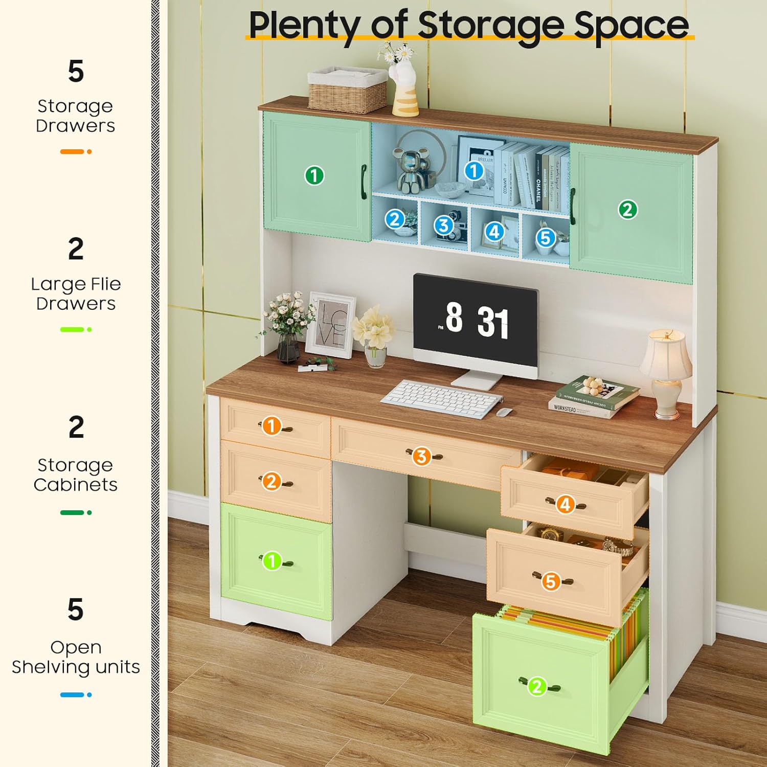 Vabches Farmhouse Executive Desk with 7 Drawers and Storage Cabinet, Rustic Large Home Writing Desk with Hutch, Workstation for Bedroom, White