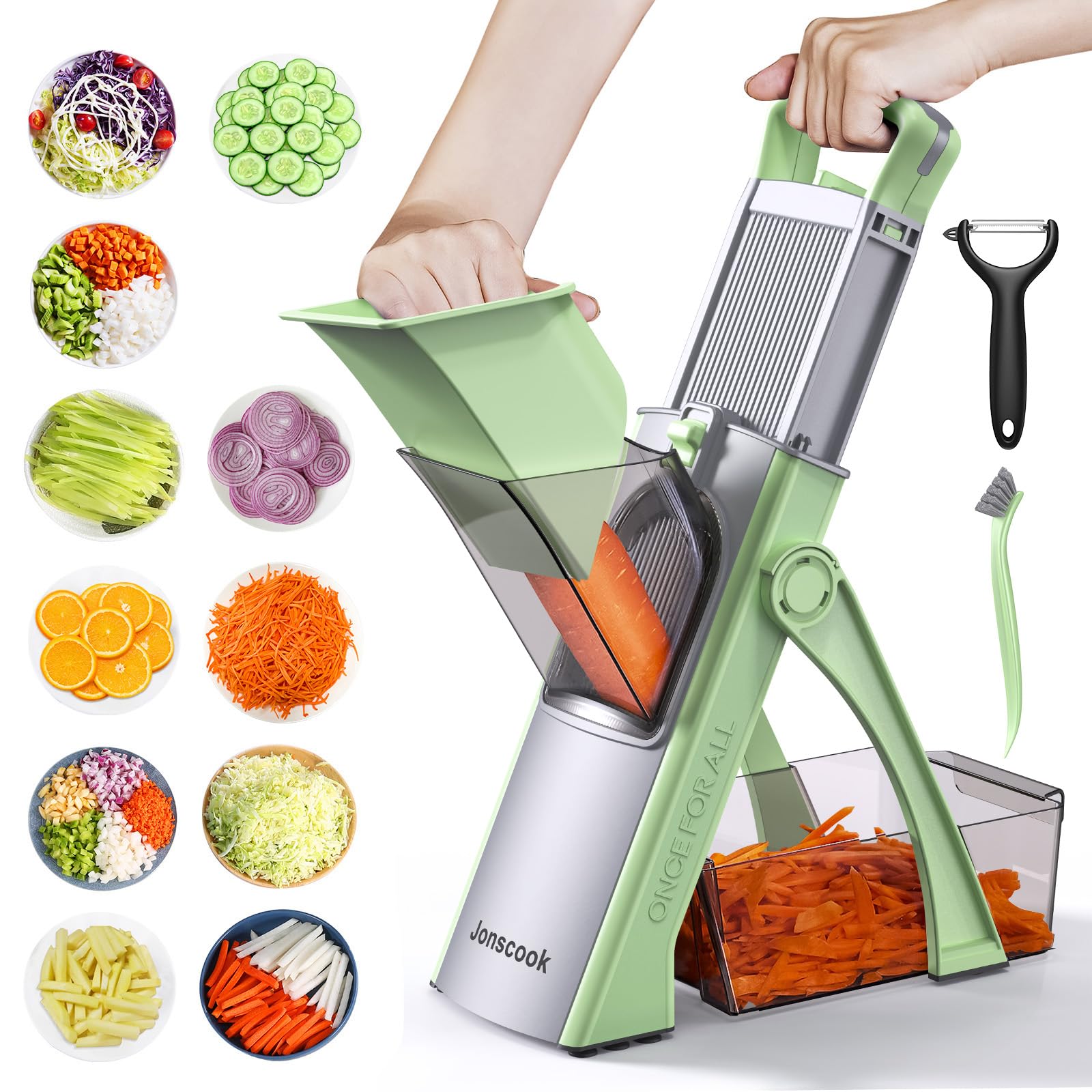 Safe Veggie Chopper Gemüseschneider, Pommes Frittierschneider, Zwiebelhacker, Gemüsehobel, multifunktional,0,1 – 8 mm Mandoline Schneider Tomaten Potato Frites-Schneider (Alles in-Hellgrün)