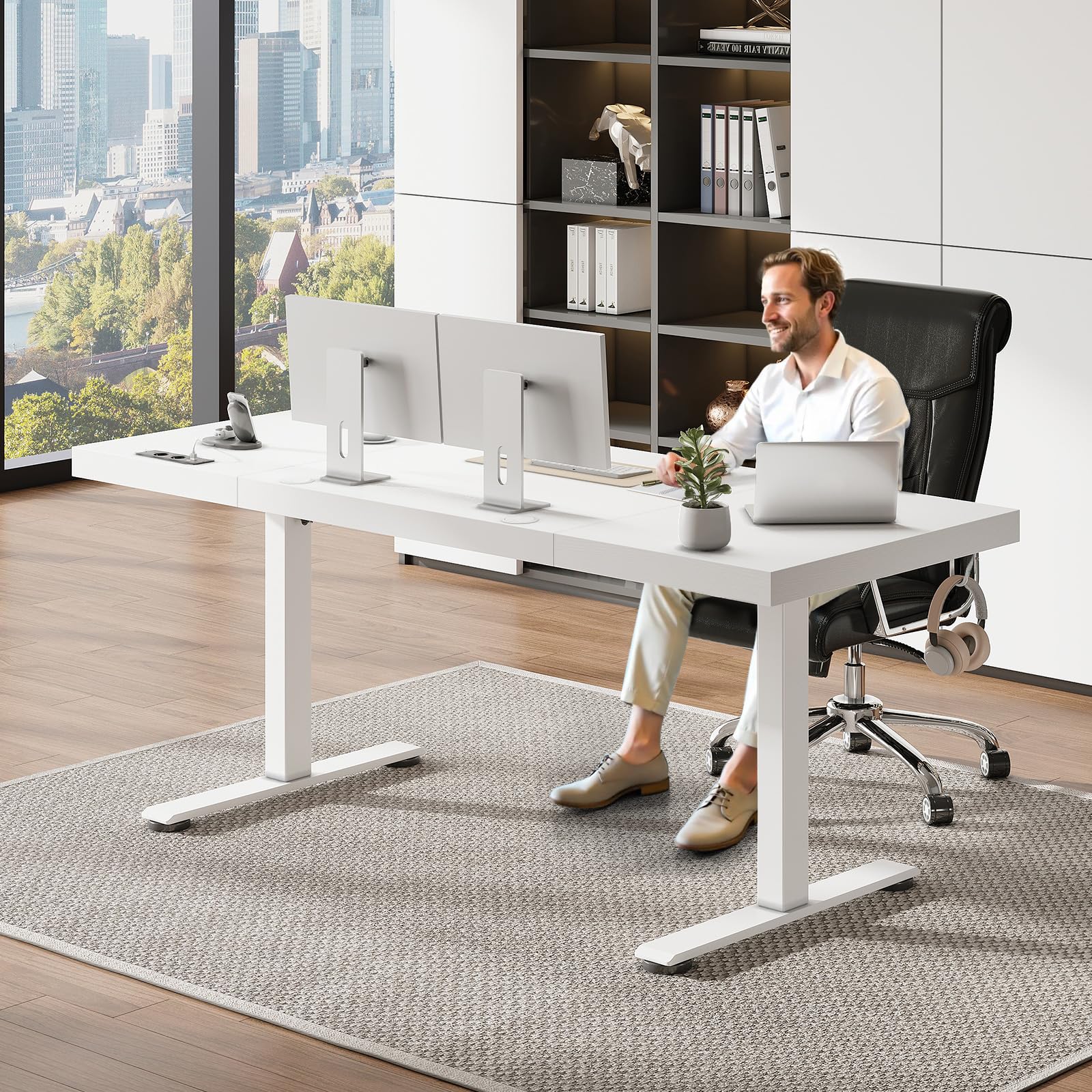 OffiGo Escritorio Regulable en Altura 180 x 70 cm, Tablero de 35 mm, Escritorio Eléctrico con Toma de Corriente, Standing Desk con Patas en T Estables, Ergonomía Oficina, Gaming, Blanco