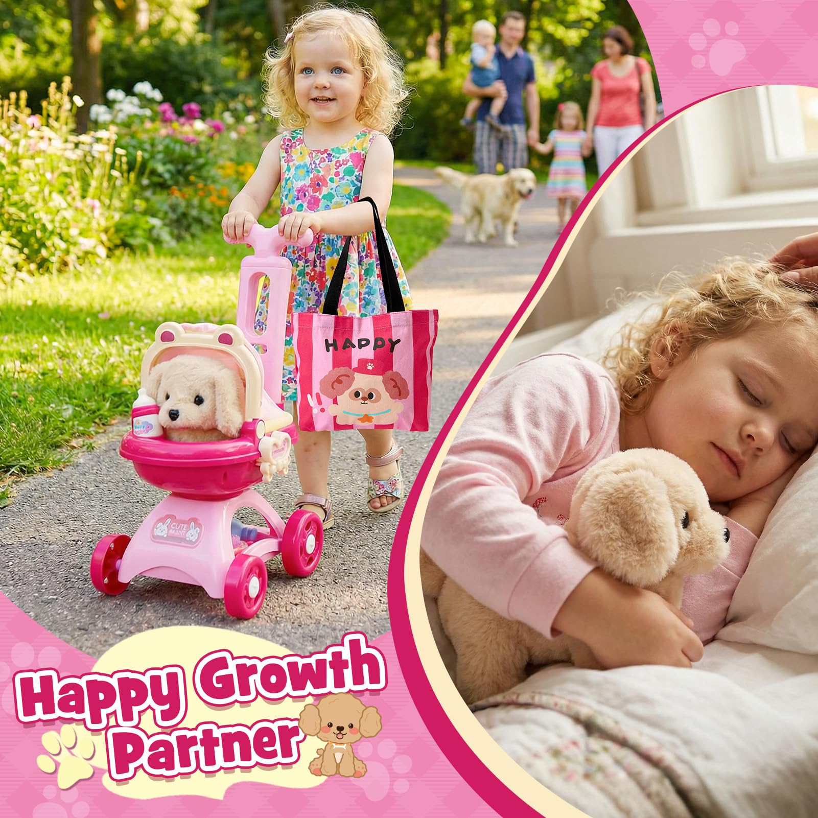 Chien Jouet Enfant Chien Interactif Electronique Qui Marche et Aboie avec Poussette Jouet, Peluche Chien Interactif Réaliste Jeu De Rôle Nourrir Baigner Anniversaire Noël Cadeau pour Fille Enfant