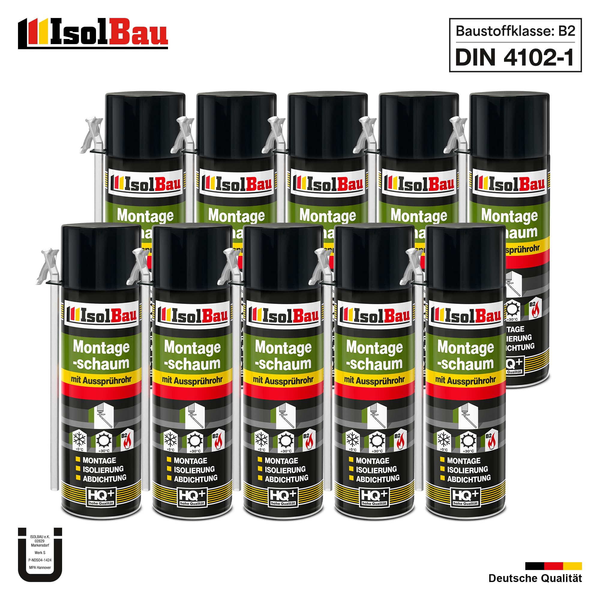 Isolbau B2 Montageschaum mit Aussprührohr - 10 x 500 ml PU-Bauschaum für Montage, Isolierung, Abdichtung, Innen & außen