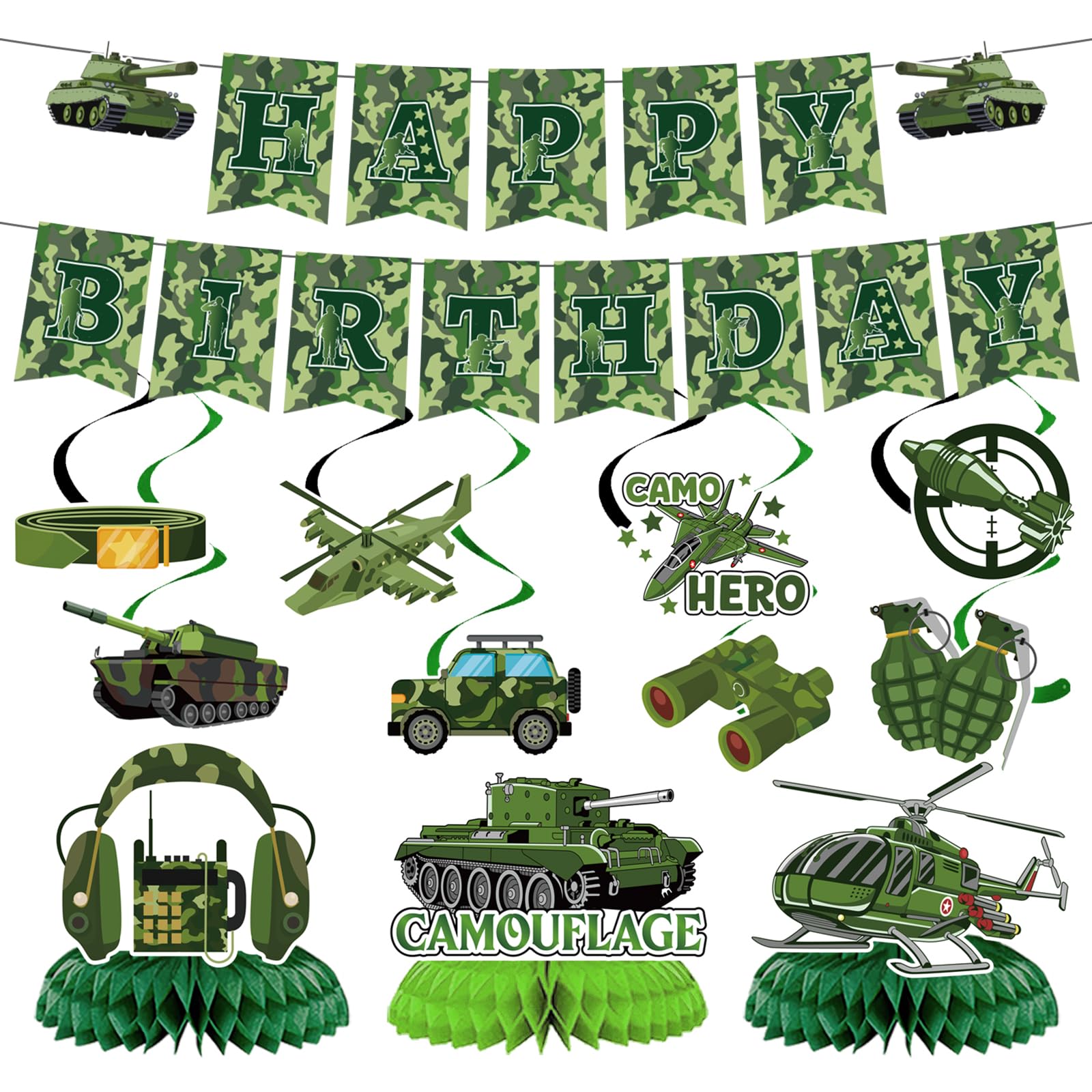 Yoyuspy Camo Birthday Party Decorations - 13PCS Army Party Decorations Set Military Themed Happy Birthday Banner Hanging Swirls Honeycomb Centerpieces