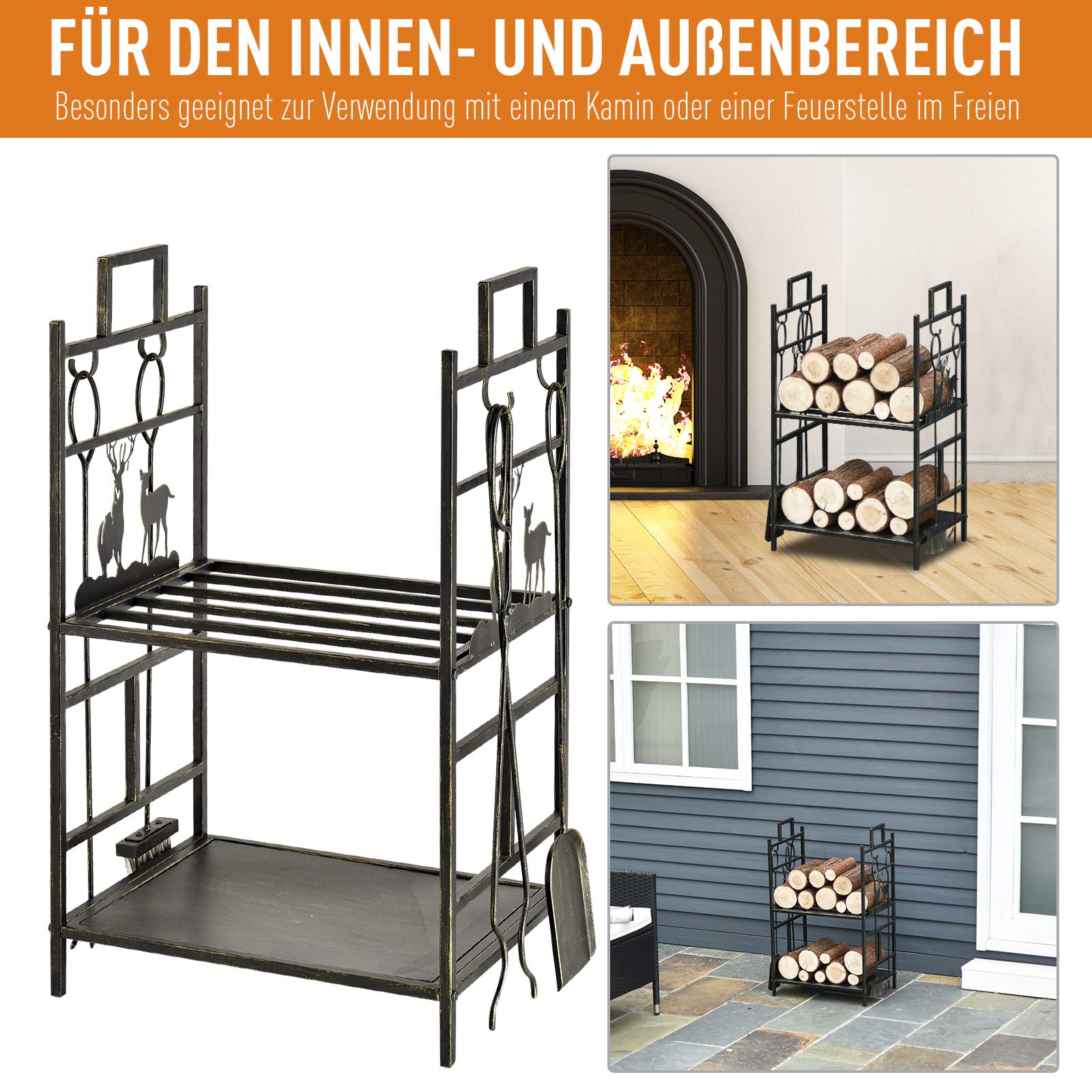 Outsunny Kaminholzständer mit Kaminbesteck 51,5x33x77 cm Schwarz+Gold