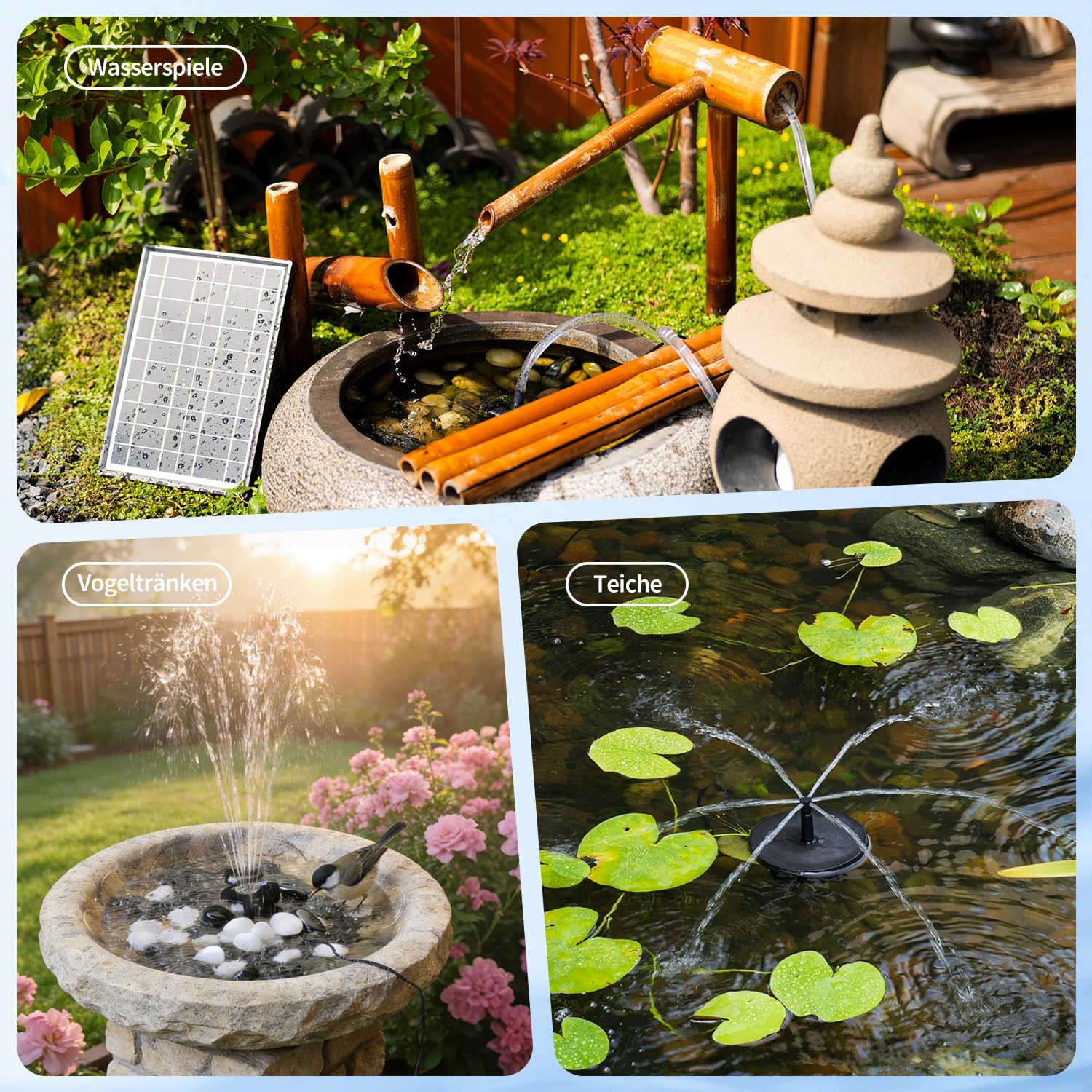 POPOSOAP 8W Fuente Solar Exterior, Bomba de Estanque Solar Mejorada con Protección contra Sequedad, Boquillas de Doble Pared, Manguera de 1,5 m para Bebedero de Pájaros, Estanque, Acuario
