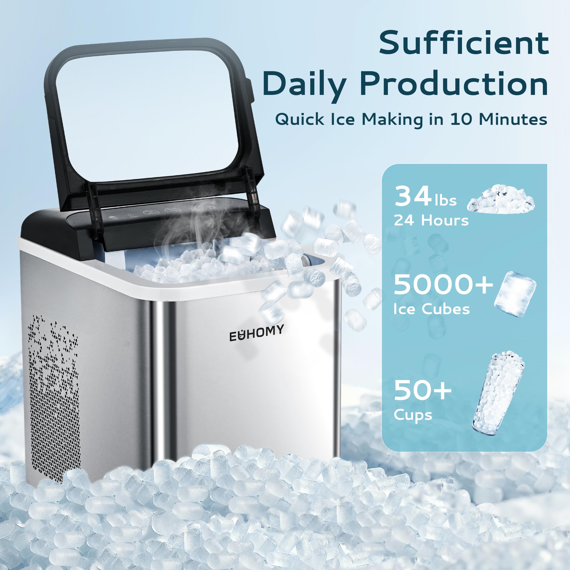 Euhomy Nugget Ice Maker Countertop, Ready In 8 Mins, Self-Cleaning, 34lbs/24h Portable Ice Maker Machine With Ice Scoop & Basket, Sonic Ice Makers With Chewable Pellet Ice For Home/Party/RV/Camping on Fridge.com - View 2