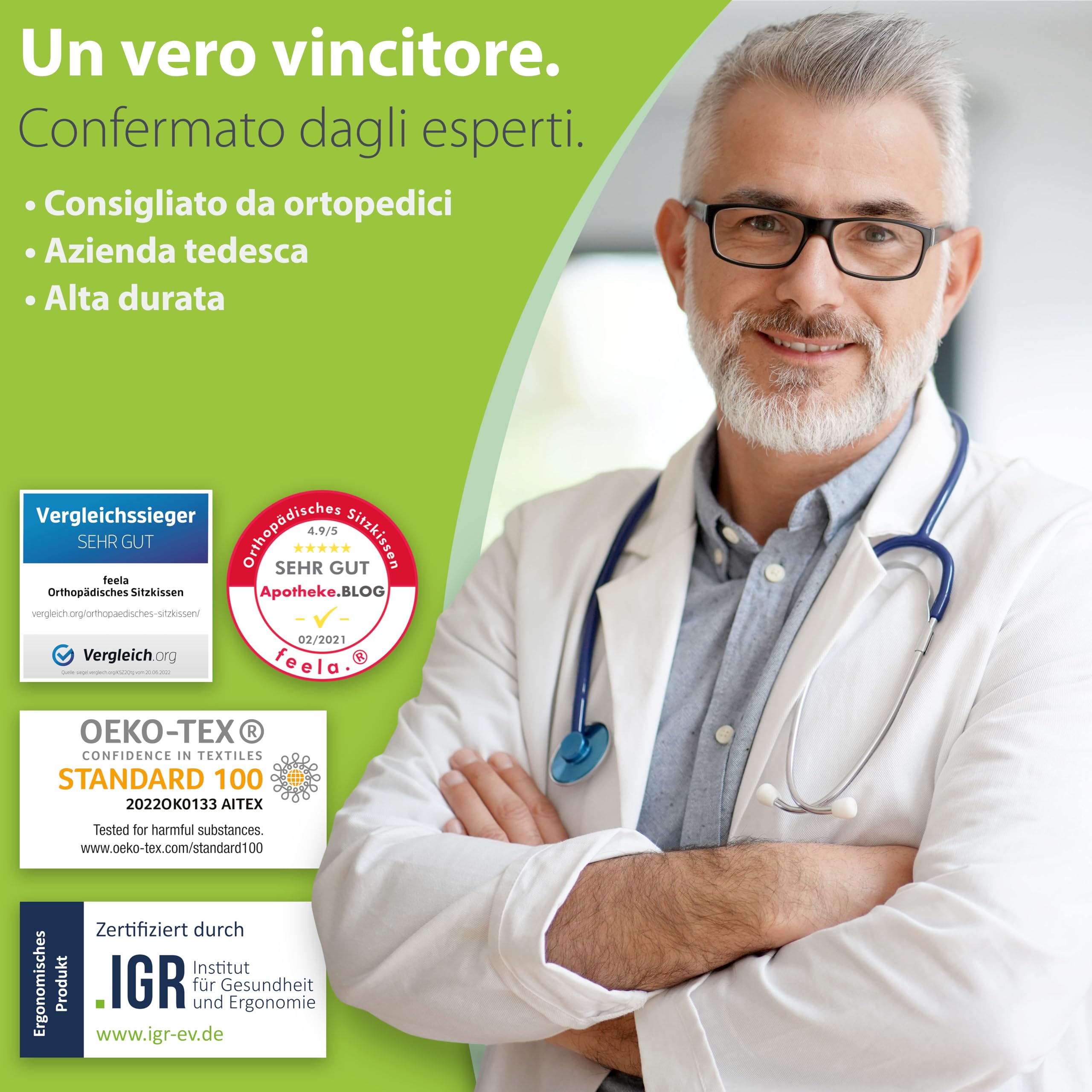 feela.® Cuscino per sedile ortopedico [3 gradi di durezza] – Cuscino da seduta ergonomico per sedia da ufficio, ecc. – Riduce il dolore, migliora il comfort di seduta e allevia il coccige (medio)
