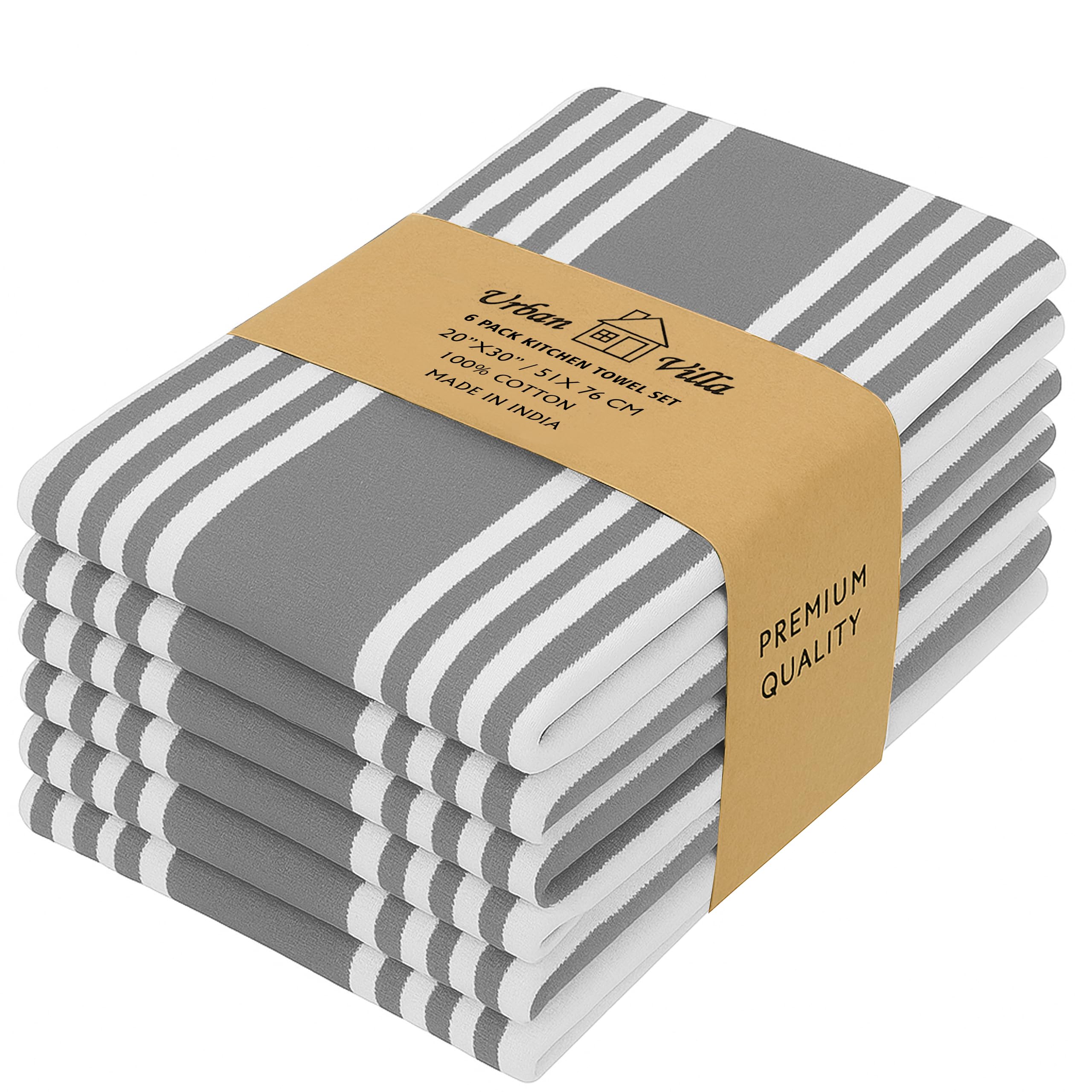 Urban VillaSet of 6 Kitchen Towels Highly Absorbent 100% Cotton Dish Towel 20X30 Inch With Mitered Corners Trendy Stripes Bar Towels & Tea Towels (Dovegrey/White Stripes)