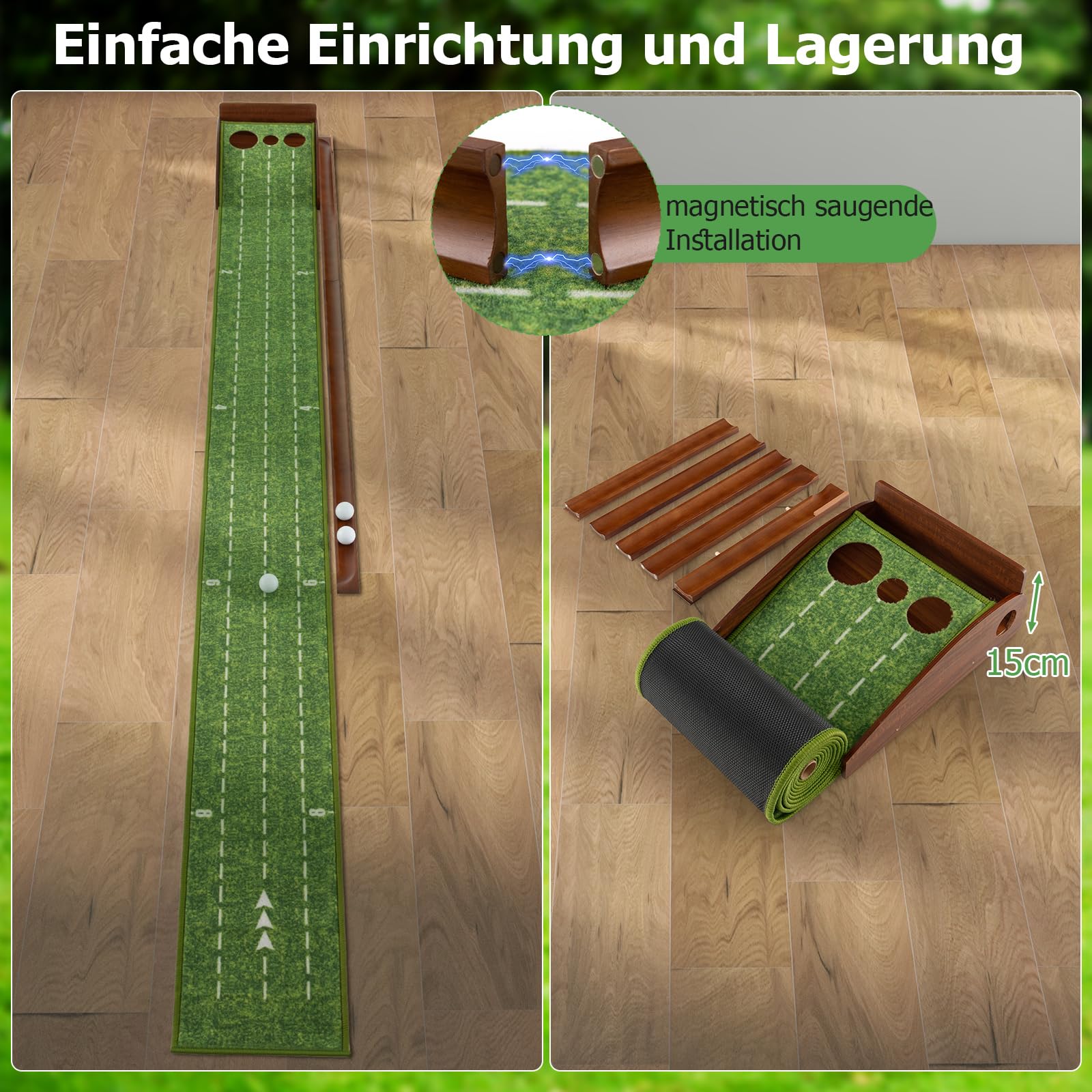 GYMAX Golf Puttingmatte mit automatischem Ballrücklaufsystem, Golf Übungsmatte mit Zielbezugslinie & Entfernungsskala, Golf Trainingsmatte für Anfänger & Profis, grün