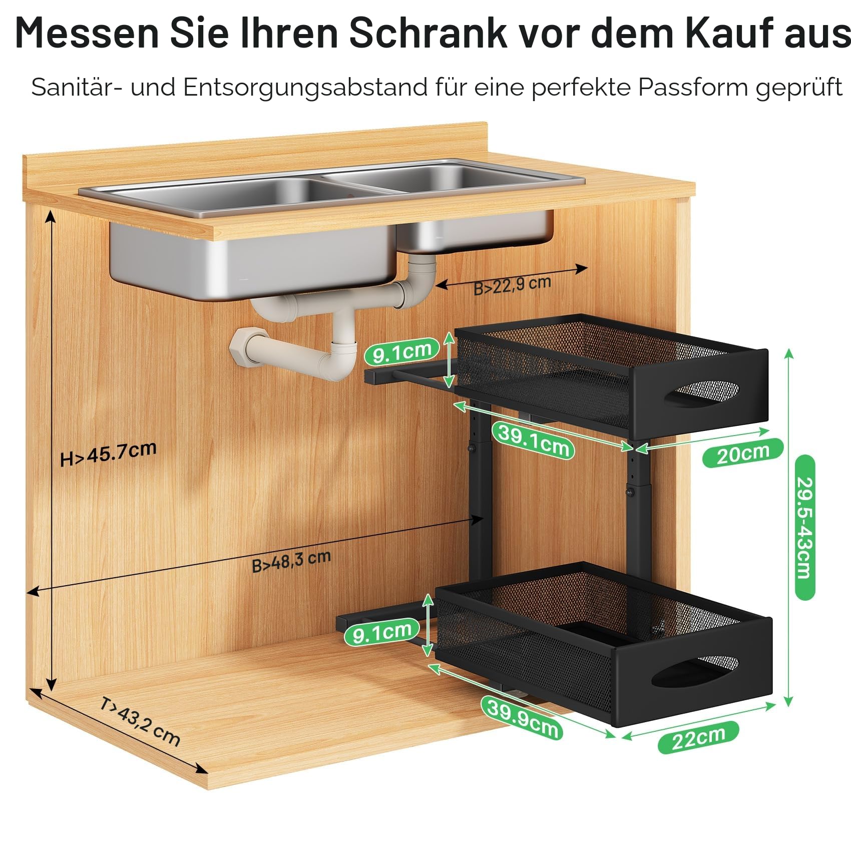 Kitstorack Küchen Organizer - Metall Spülschrank & Unterschrank Organizer mit 2 Ebenen und Höhenverstellung - Schubladen mit Schiebemaschen für Küche, Bad, Speisekammer