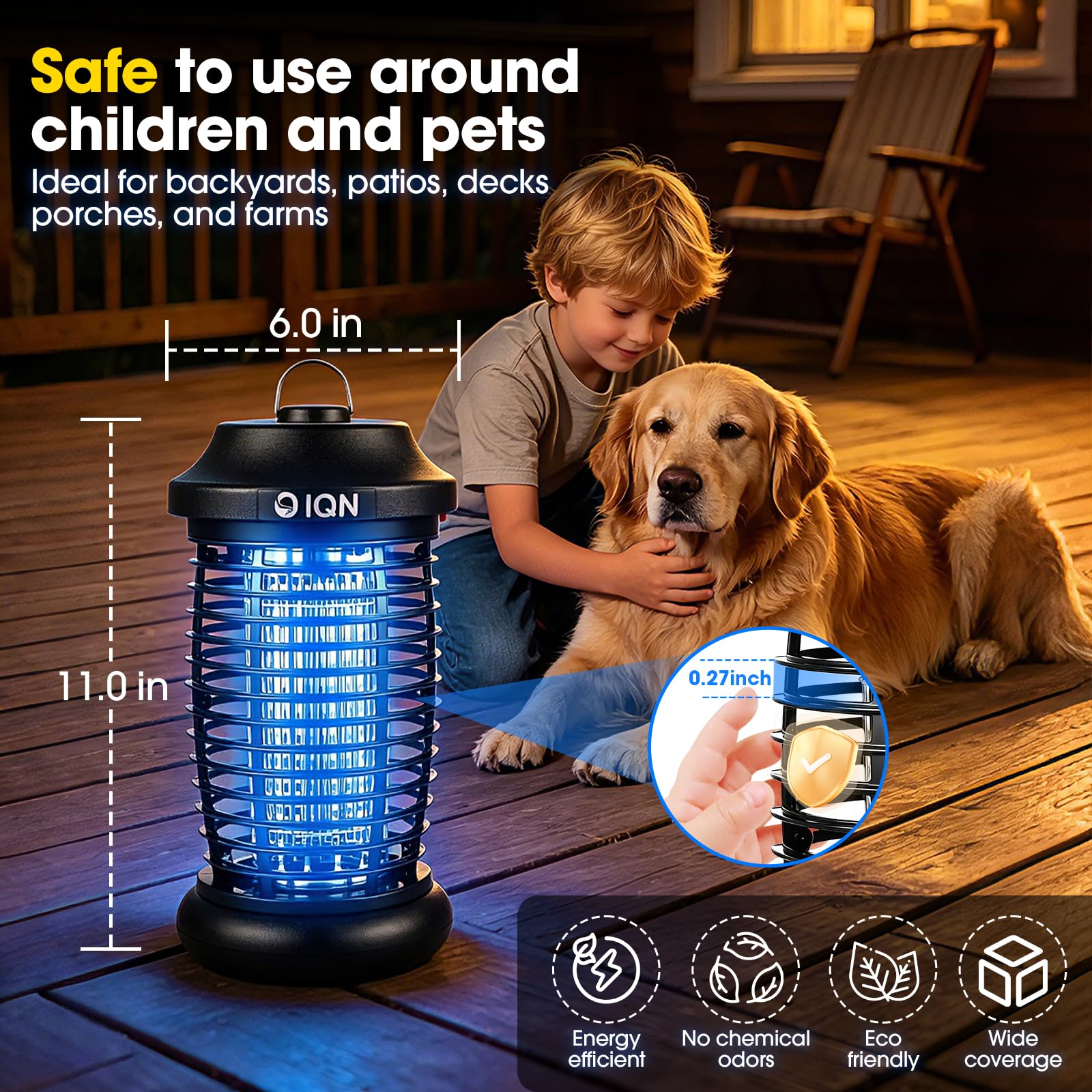 Outdoor Bug Zapper für Terrasse & Hinterhof, 15 W UV Mückenvernichter mit 4200 V Stromgitter, 1500 m² Abdeckung, 8,9 FT Kabel, IPX6 wasserdichte Plug-in-Fliegenfalle für Veranda, Garten, Garage