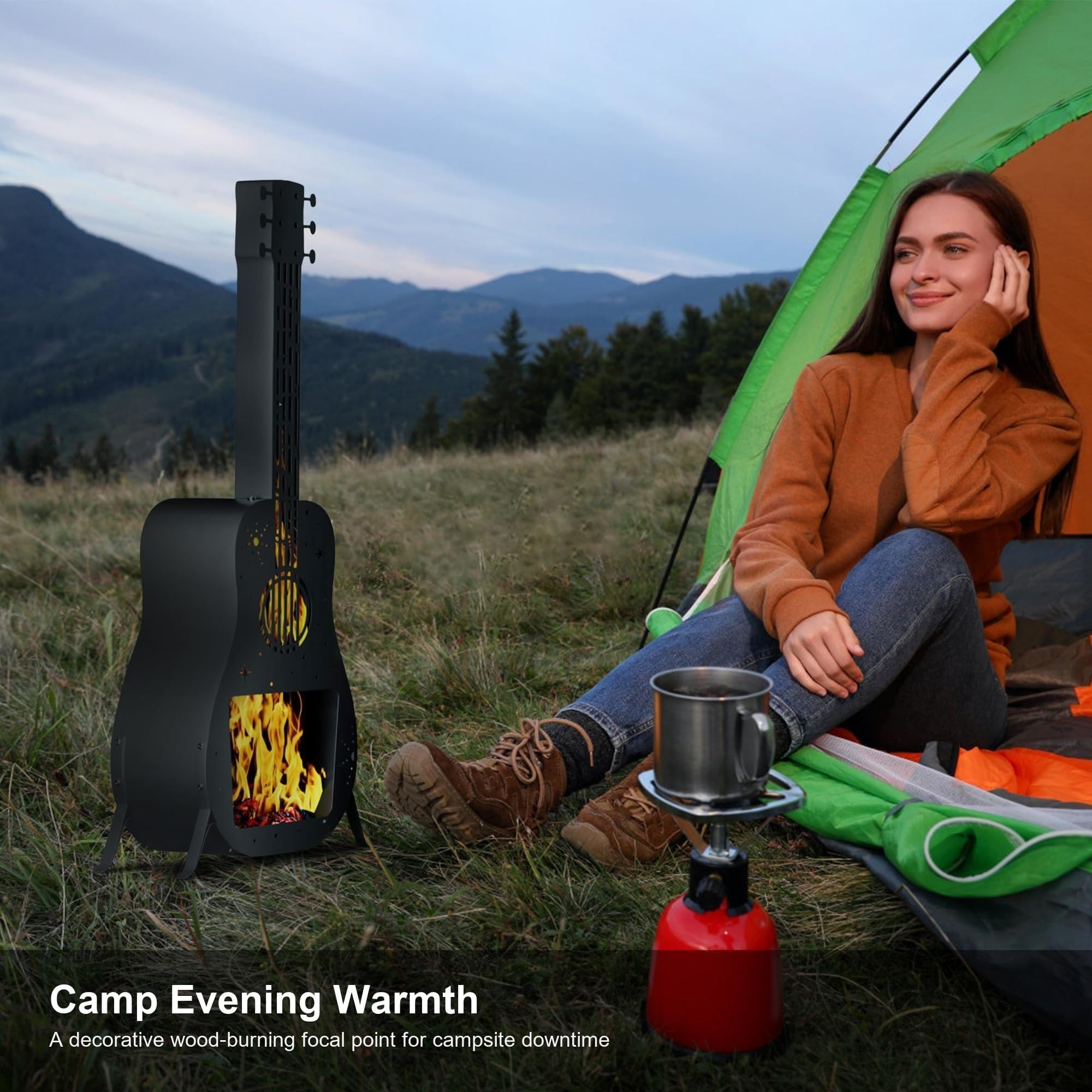 Camino da Esterno, braciere a Legna a Forma di Chitarra | Acciaio inossidabile, uso in campeggio e in giardino, ventilazione del camino, design for chitarra portatile