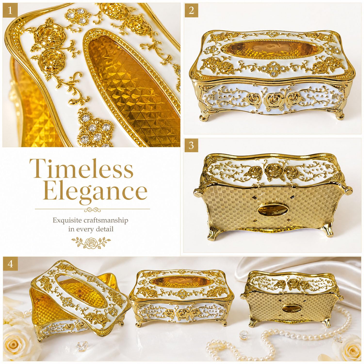Bling Rhinestone Tissue Box Holder,Luxurious European Style Rose Tissue Box Cover for edroom,Office,Bathroom,Home,Travel,Restaurant(Gold&White) 2
