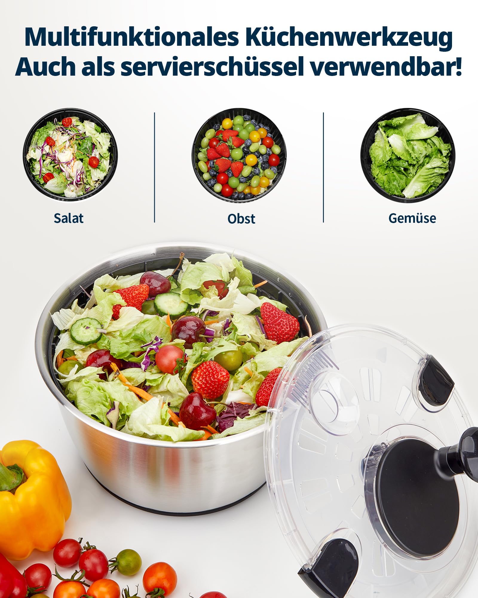 Salatschleuder Edelstahl 18/10 mit Kurbelantrieb, 6L große Salatschüssel mit Deckel, rutschfest & spülmaschinengeeignet – Salad Spinner für Salat, Gemüse, Obst