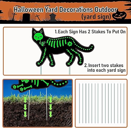 Miniatura 5 de Decoraciones de Halloween para patio al aire libre, 5 piezas de gato esqueleto que brillan en la oscuridad, letreros de patio de Halloween con