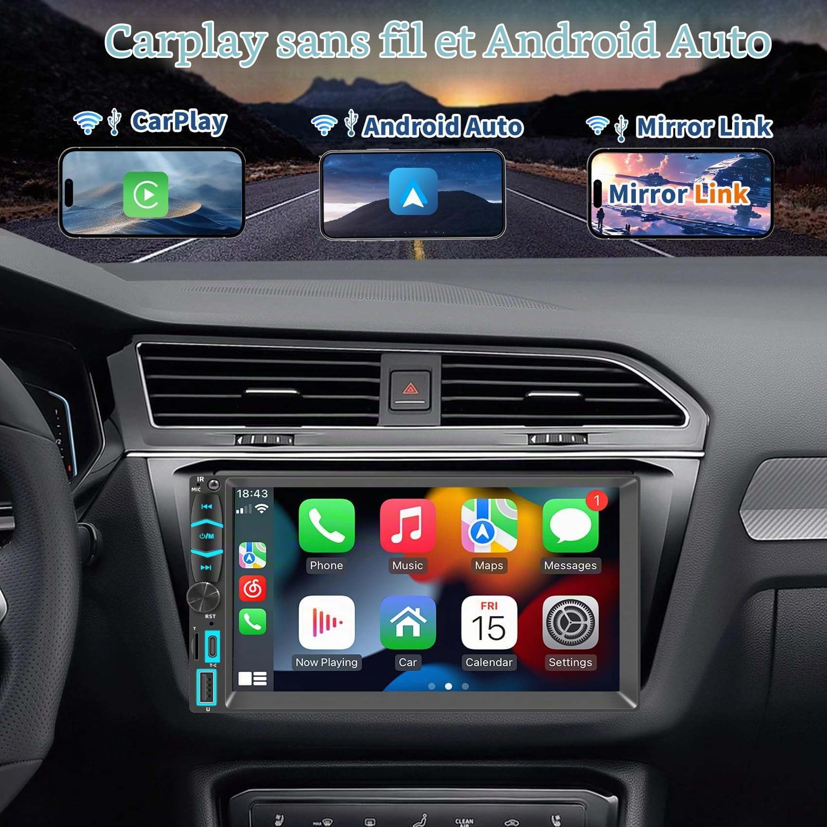 Autoradio 2 Din Carplay et Android Auto sans Fil, 7 Pouces IPS Écran Tactile, Poste Radio avec Caméra de Recul, Bluetooth, Miroir Link, FM/AM/RDS, SWC, USB, Type-C, Navigation GPS, Contrôle Vocal