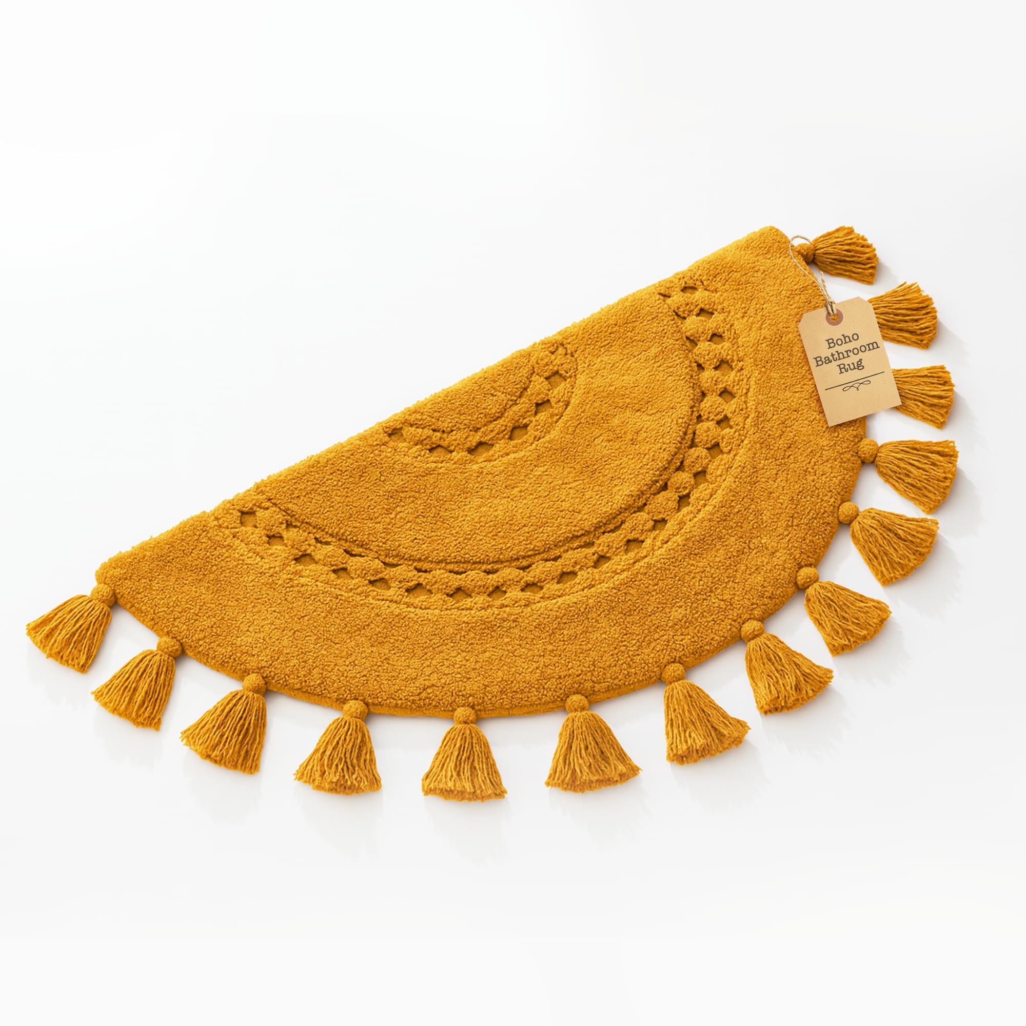 Photo 1 of Boho Bathroom Rugs - Half-Circle Cotton Rug with Crochet Insert, Tassels & Non-Slip Backing - Soft Bohemian Bath Mat for Bathroom, Bedroom or Entryway - Yellow Mustard 42x22