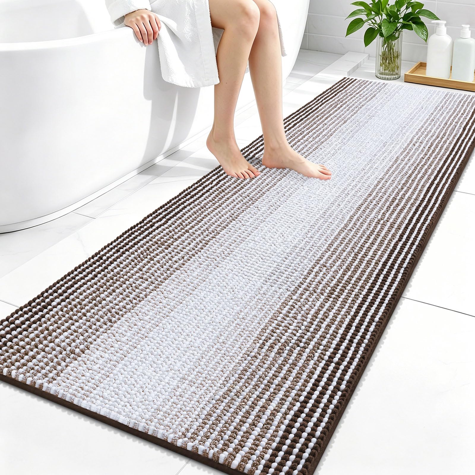 OLANLY Bathroom Runner Rugs 59x24, Soft Chenille Striped Bath Rugs, Brown