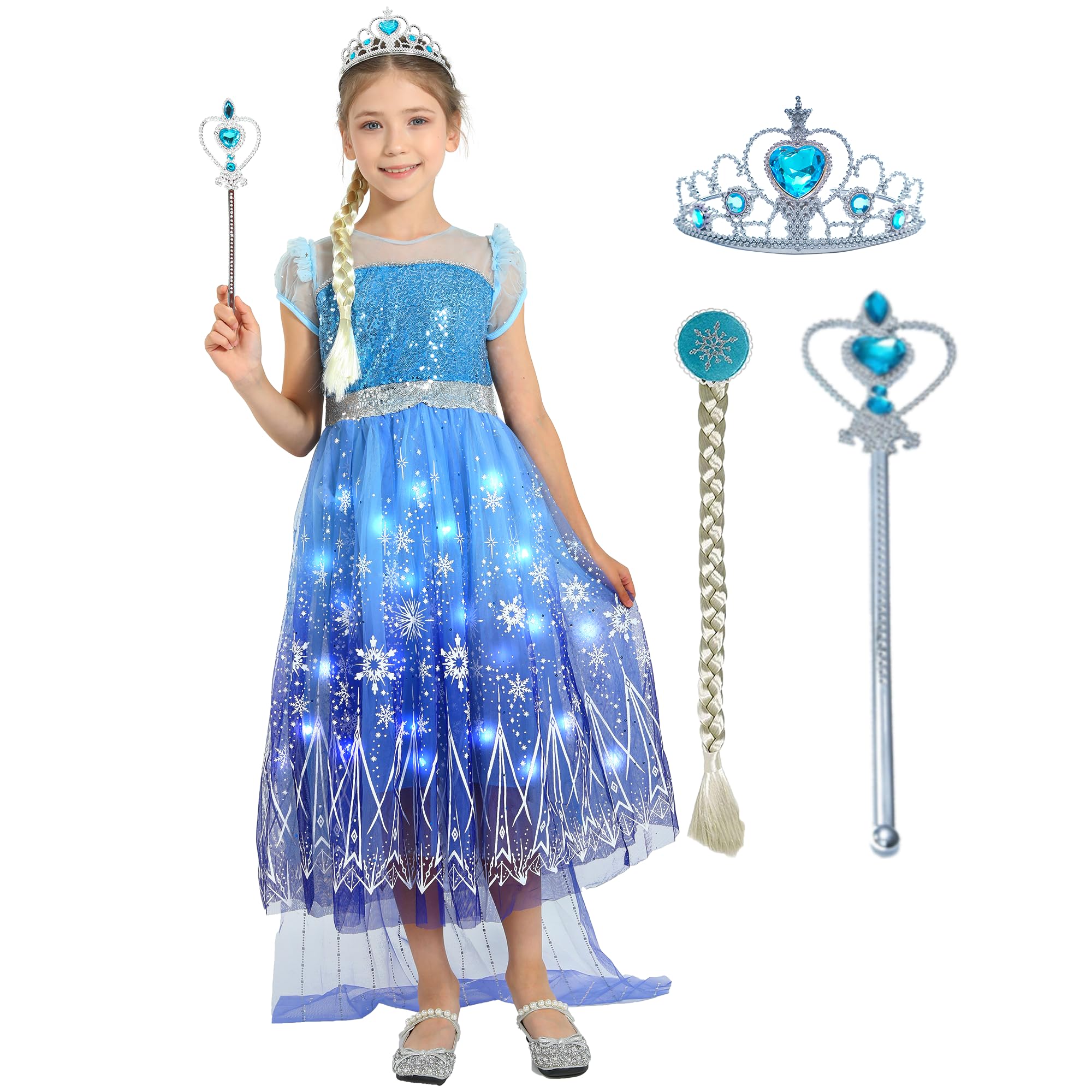 Sincere Party Deluxe Light Up Elsa Princess Dress with Plait,Wand,Tiara Perfect for World Book Day,Xmas Gift for Girls 3-4 years