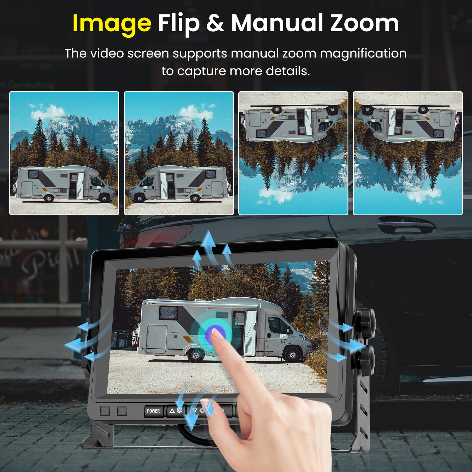 Hodozzy Digital Wireless Rückfahrkamera Set Monitor 4 Kameras Geteilter Bildschirm 7 Zoll Aufnahme Video Wasserdicht Nachtsicht Front-Seitenansicht Rück Kamera Funk für PKW LKW Wohnmobil 12V-24V-36V