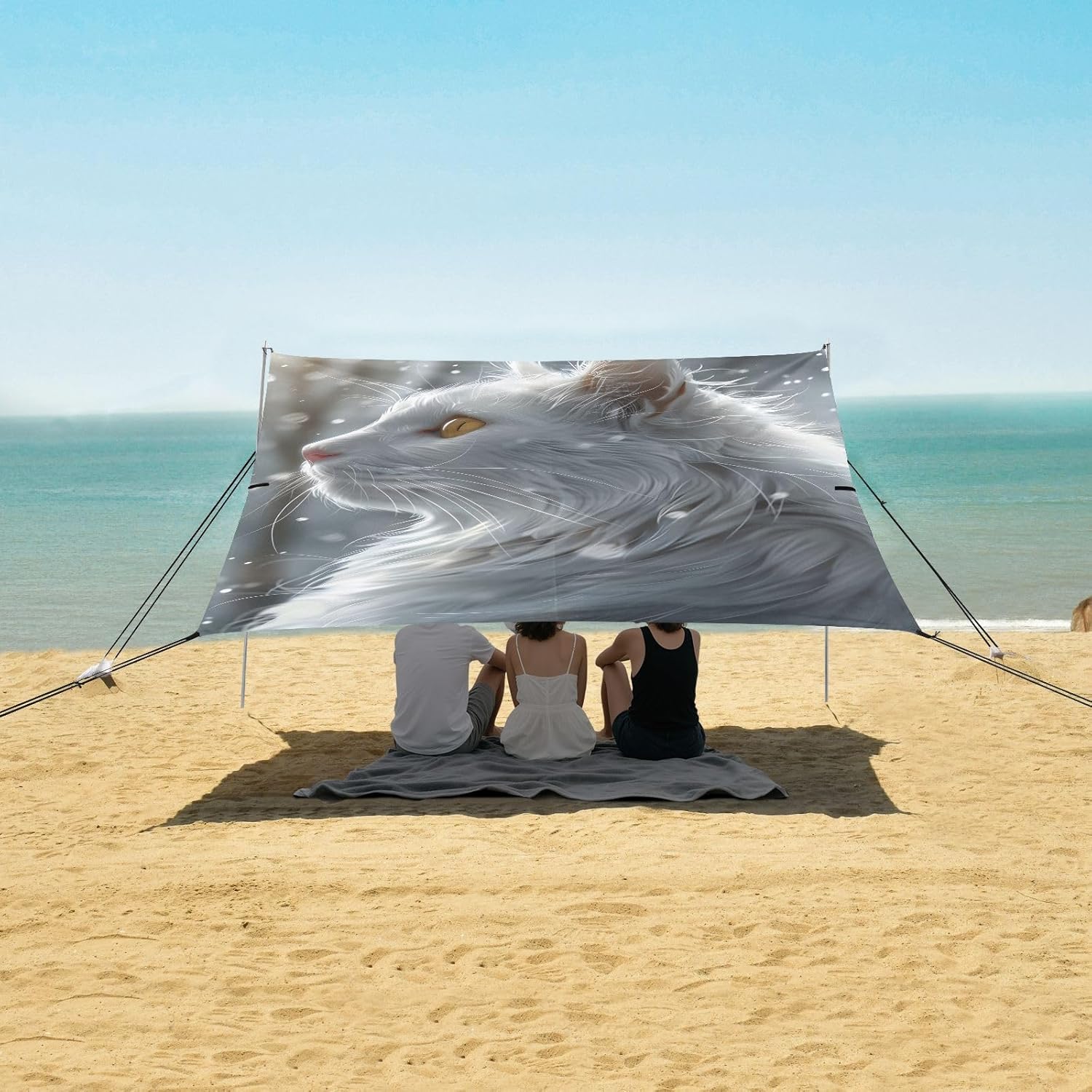 ALAZA White Cat Beach Tent Sun Shelter UPF50+ Protection Beach Shade Canopy w/ 4 Sandbags for Outdoor Camping, Fishing, Backyard Fun, Picnic, 10x9 ft