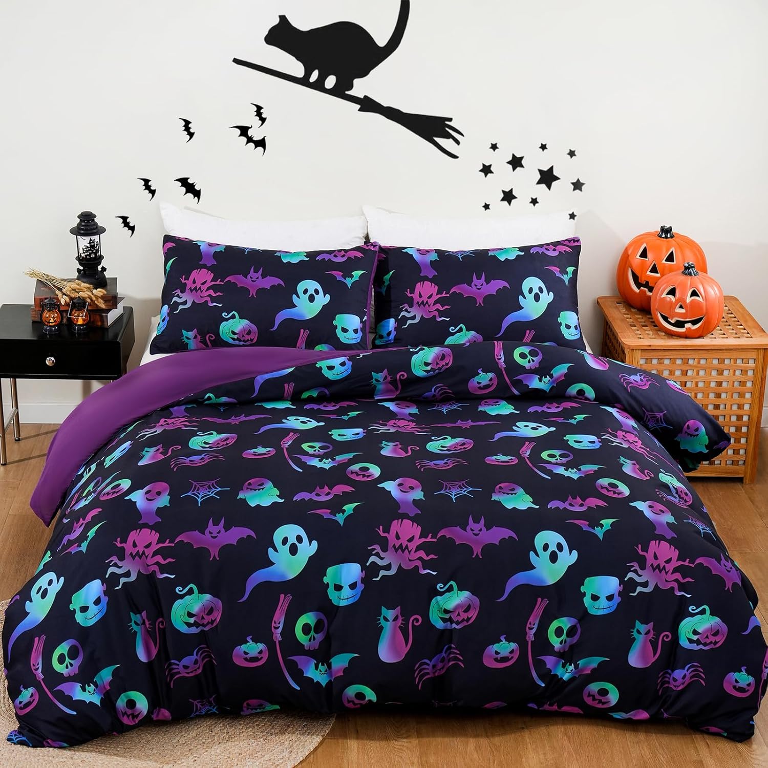 Menghomeus Halloween Bedding Set Twin Black Duvet Cover Set 3D Cartoon Pumpkin Ghost Pattern Festival Themed Comforter Cover Set for Boys Girls, 1 Pieces 1 Duvet Cover 1 Pillowcase