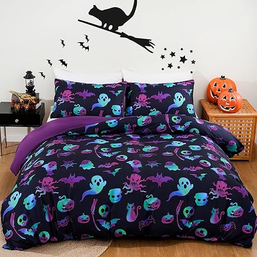 Menghomeus Juego de ropa de cama de Halloween con diseño de calabaza y fantasma, juego de cama individual colorido para niños, niñas, adultos,