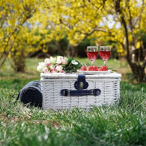 Miniatura 9 de Juego de cestas de picnic para 2 personas, cesta de sauce con compartimento grande aislado para enfriar, manta de picnic y kit de servicio de