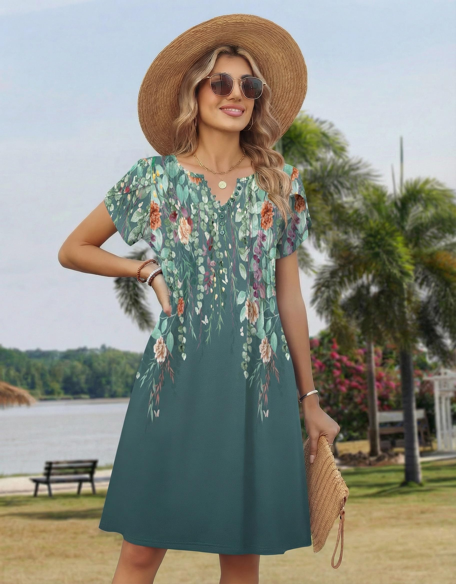 Zeagoo Vestidos Verano Mujer Manga Corta Escote en V Túnica Elegante Flores Midi Casual Playeros con Botones y Bolsillos S-XXL