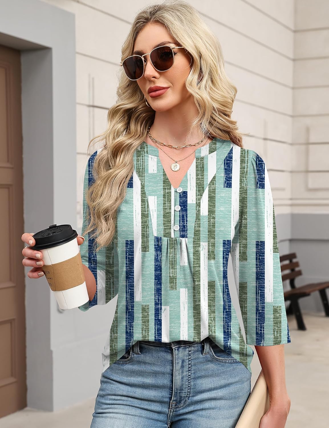 IECCP 3/4 Length Sleeve Womens Tops Dressy Casual Henley V-Neck Summer Tops Pleated T-Shirts Loose Fit Work Blouses - Image 4