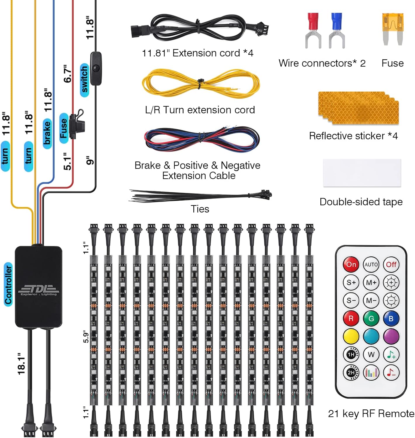 16Pcs Motorcycle LED Strip Lights Kit, RGB+IC Chasing Motorcycle LED Underglow Kit for Harley Davidson Kawasaki Suzuki, 12V Waterproof Golf Cart Underbody Light with APP/RF Control Brake Turn Signal