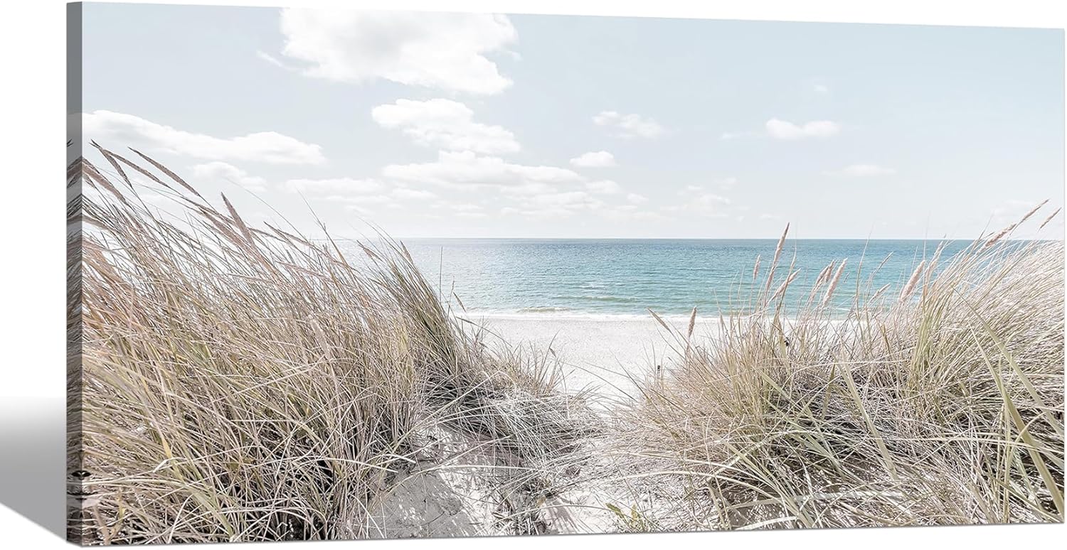 SD SOFT DANCE Ocean Canvas Wall Art Picture: Beach Scenes Sea Painting Coastal Grass Seascape Artwork Seaside Landscape Print Decor for Living Room Bedroom Home 48 x 24 Inch Beach 03 48"L x 24"W