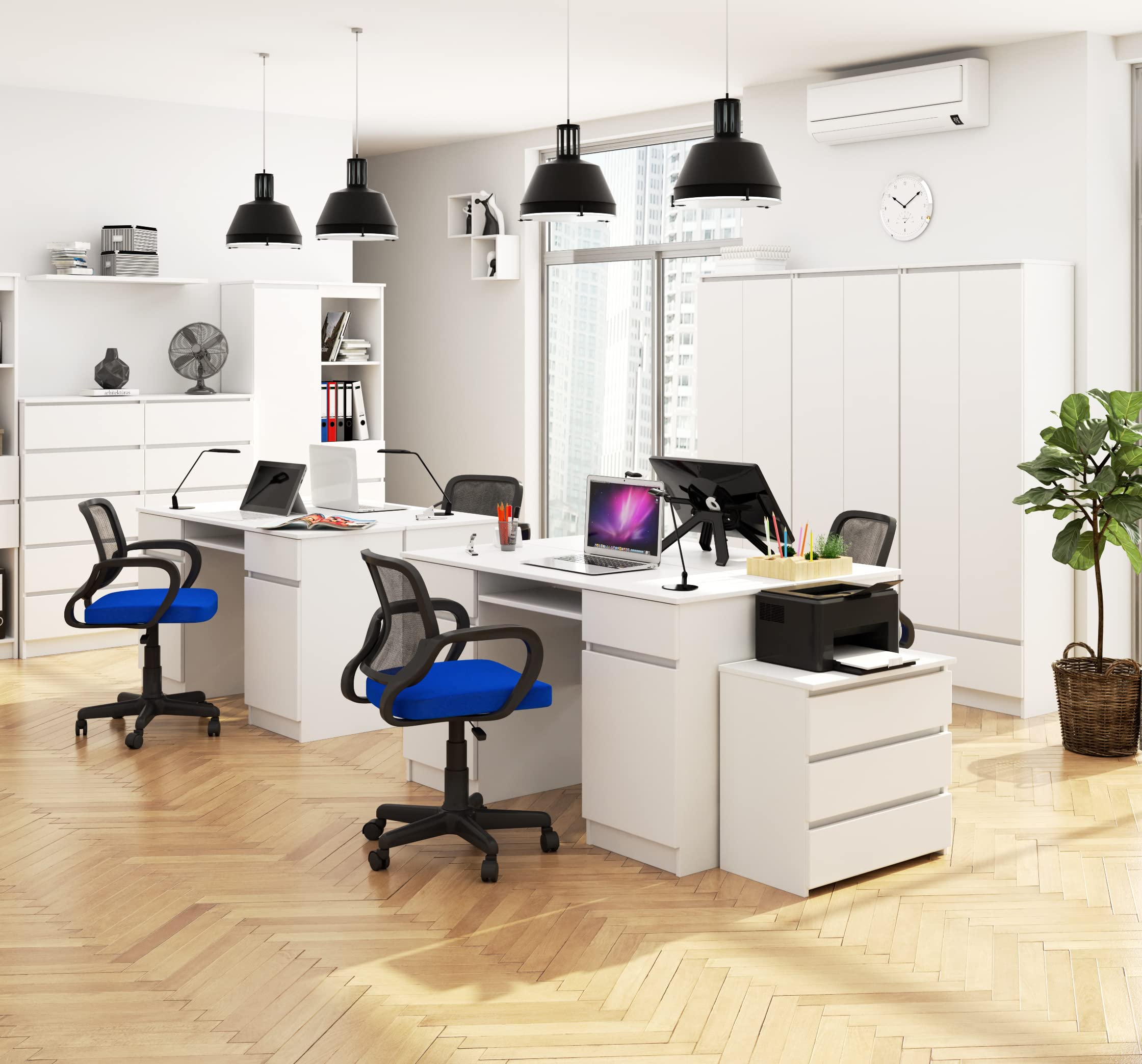 Scrivania A5 Con Ripiano per Tastiera | Office Desk | 2 Cassetti e 2 Ripiani ad Anta | Scrittoio per Ufficio | Per Computer PC Laptop | L135 x H77 x P50 cm, 58 kg | Bianco