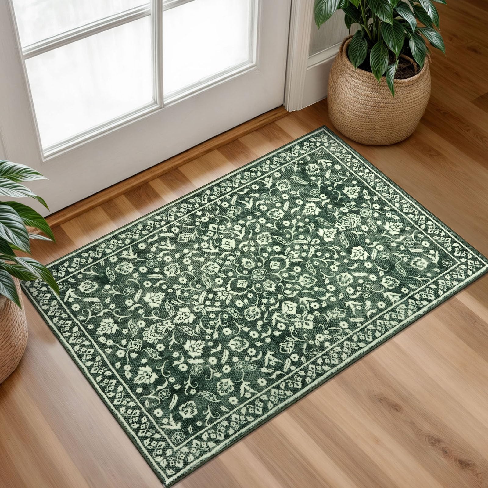 Amazon | SILOLOOM ビンテージ 玄関ラグ 屋内 フォレストグリーン