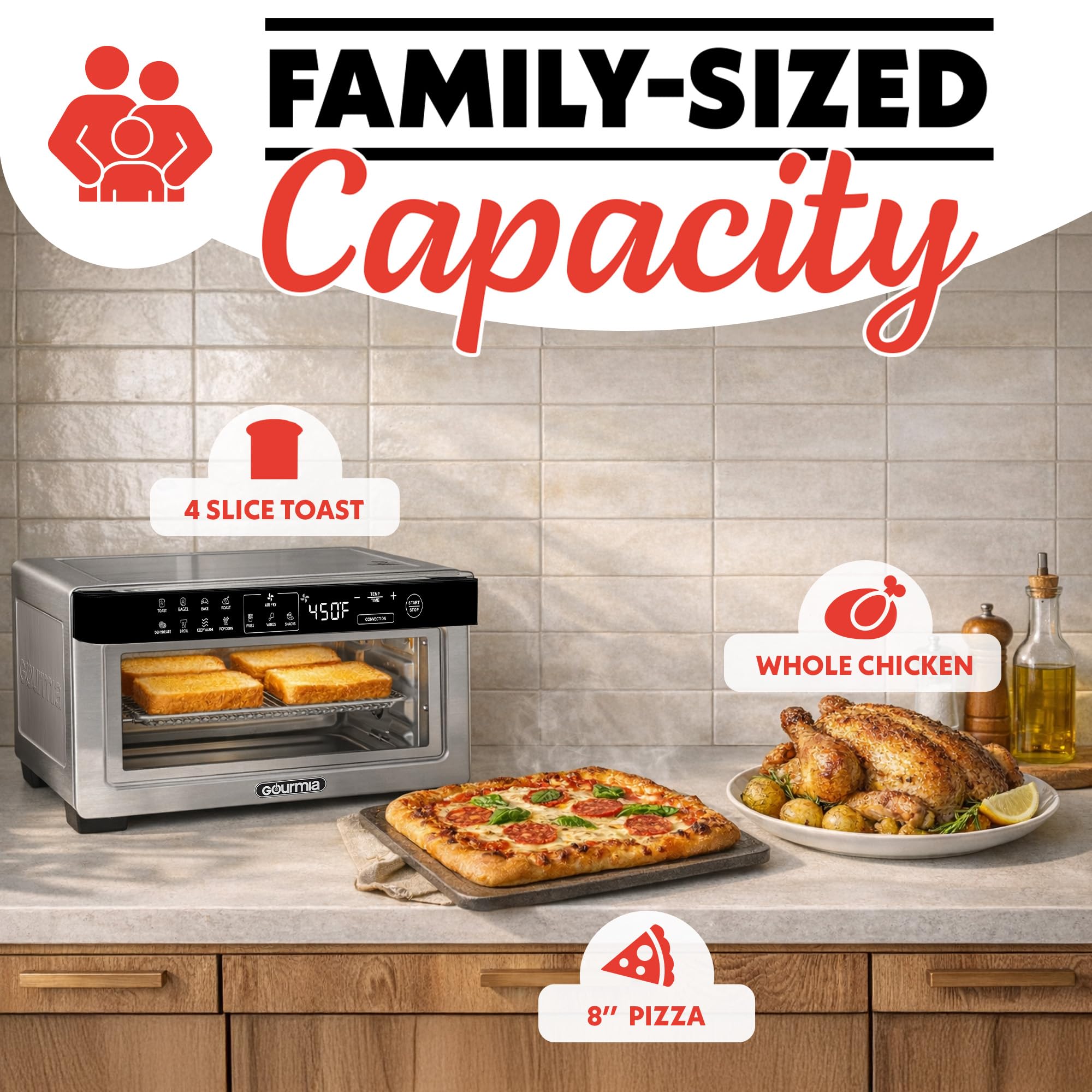 Gourmia Toaster Oven Digital Air Fryer - Convection Mode with 4 Slice Capacity, 3 Rack Positions, 12 Presets, Toast, Bagel, Bake, Roast, Broil, Dehydrate, Popcorn, Fits 9" Pizza, Stainless Steel — view 5