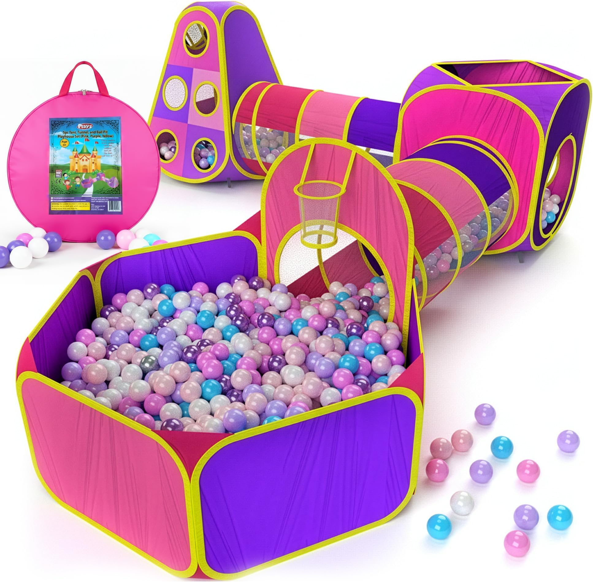 5pc Kids' Play Tents & Tunnels - Ball Pit for Toddlers, Basketball Hoop, Crawling Tubes, Pop-Up Playhouses, Baby Obstacle Course for Indoor or Outdoor Use